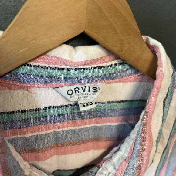 Orvis Womens Linen Blend Button Down Shirt Striped Short Sleeve Relaxed Fit XL - Picture 2 of 5